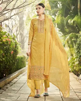 Pure Cotton Unstitched Yellow Salwar Suits Material With Chiffon Dupatta