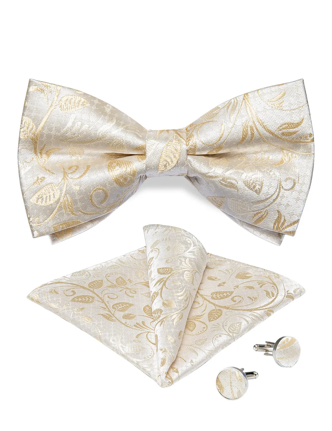 Beautiful Champagne Paisley BowTie Pocket Square Cufflinks Set