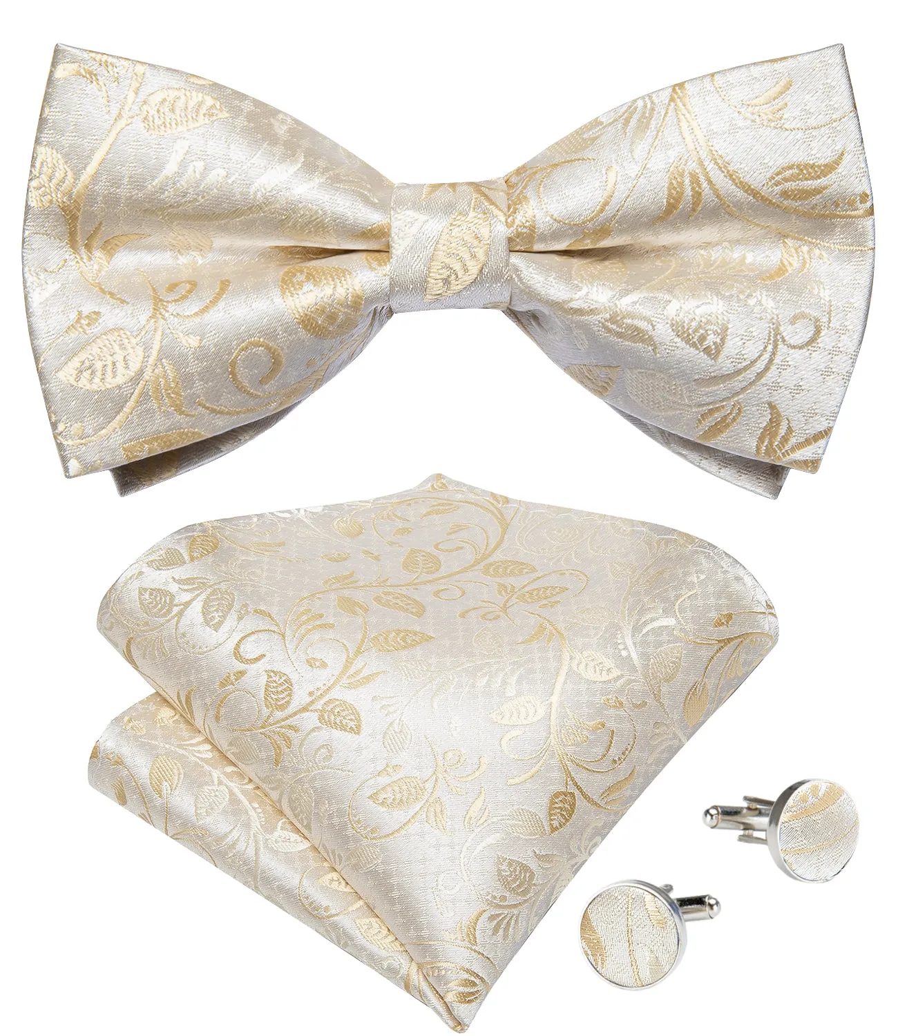 Beautiful Champagne Paisley BowTie Pocket Square Cufflinks Set