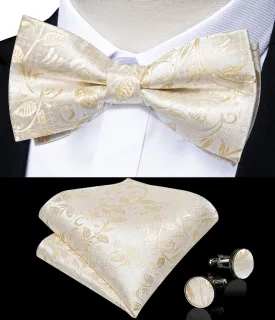 Beautiful Champagne Paisley BowTie Pocket Square Cufflinks Set