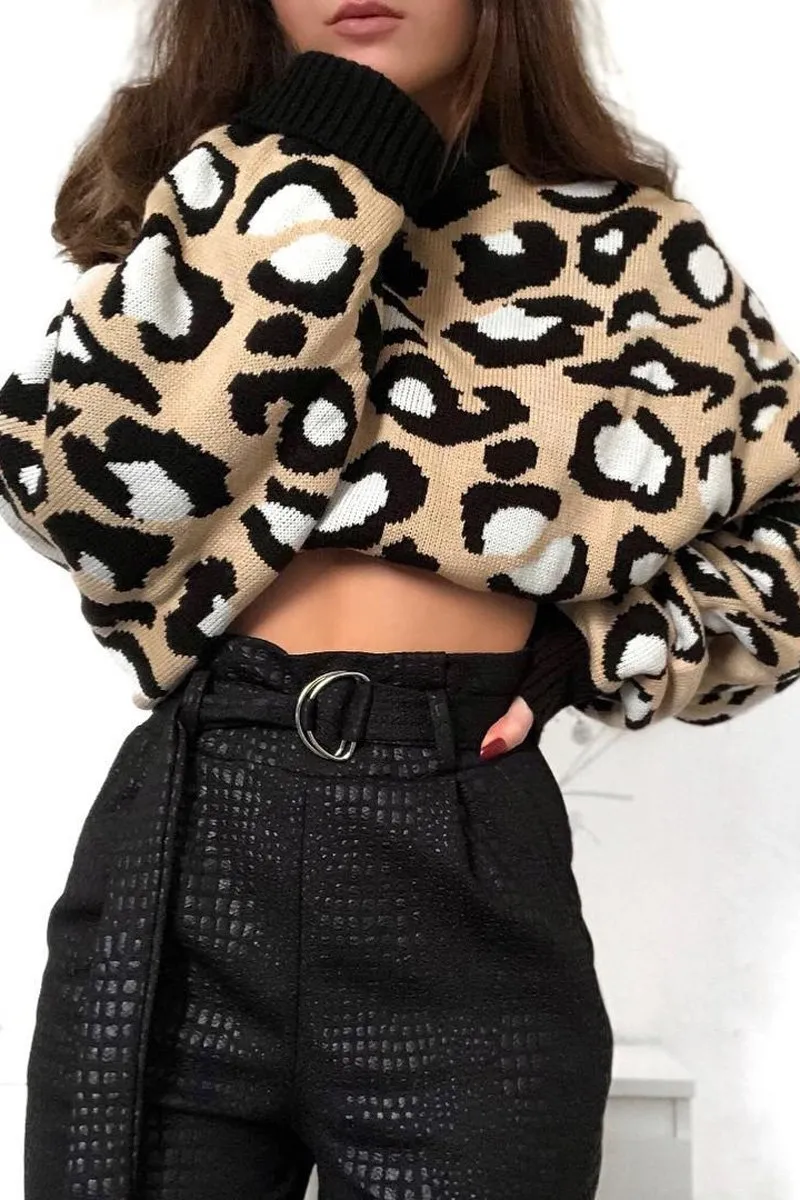 Beige Leopard Crop Batwing Jumper - Raigen