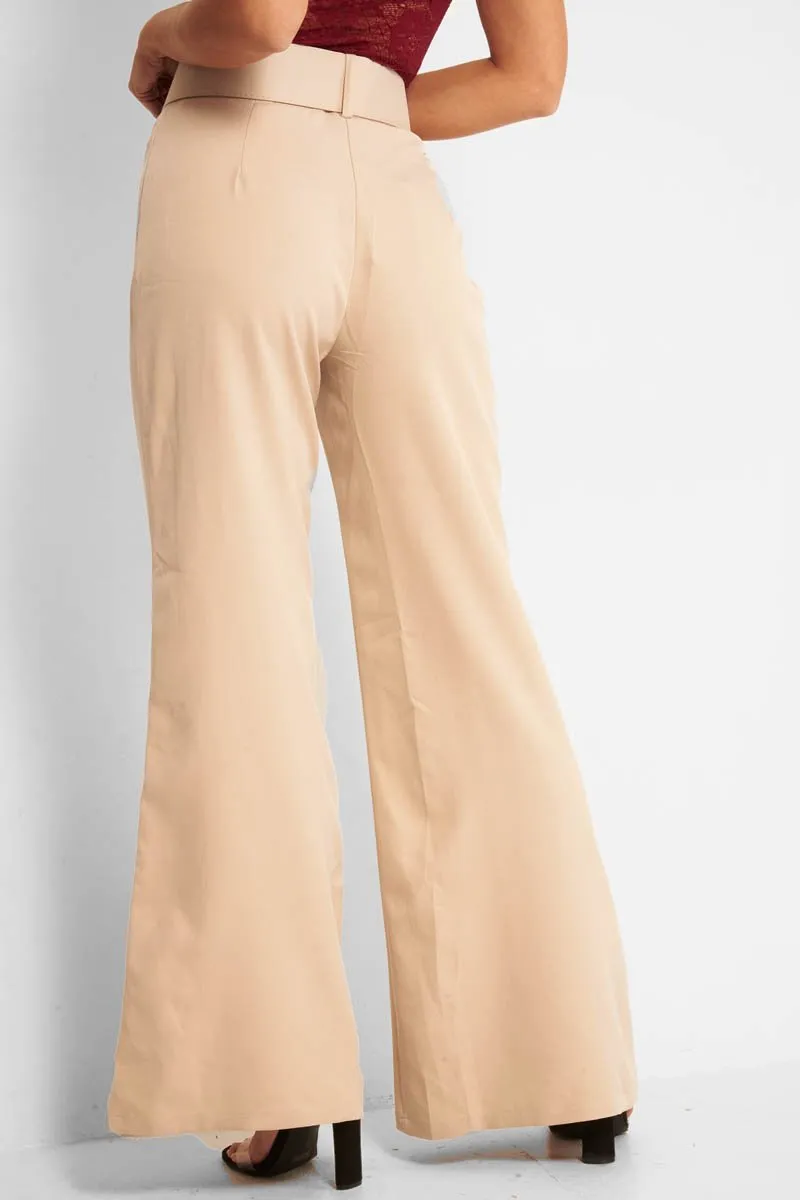 Beige Tailored Wide Leg Belted Trousers - Chenelle