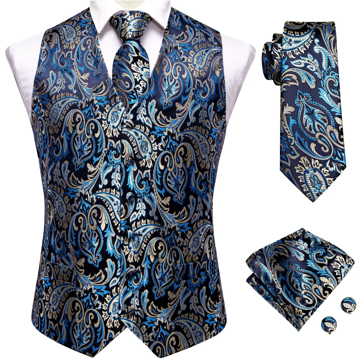 Black Blue Paisley Men's Vest Tie Hanky Cufflinks Set Waistcoat Suit Set