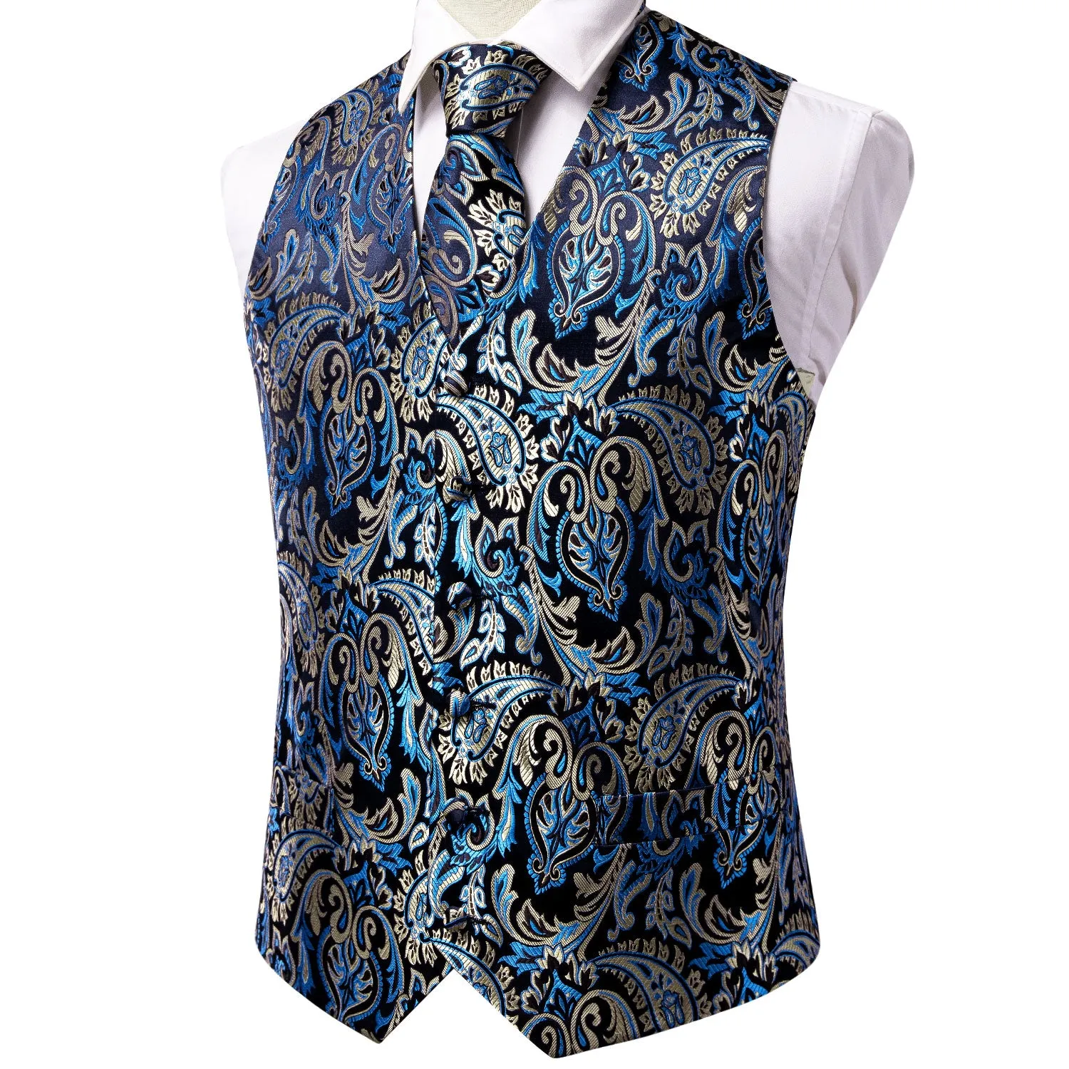 Black Blue Paisley Men's Vest Tie Hanky Cufflinks Set Waistcoat Suit Set