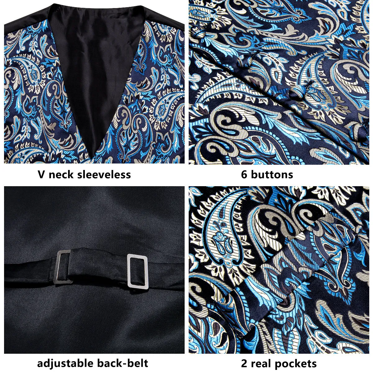 Black Blue Paisley Men's Vest Tie Hanky Cufflinks Set Waistcoat Suit Set