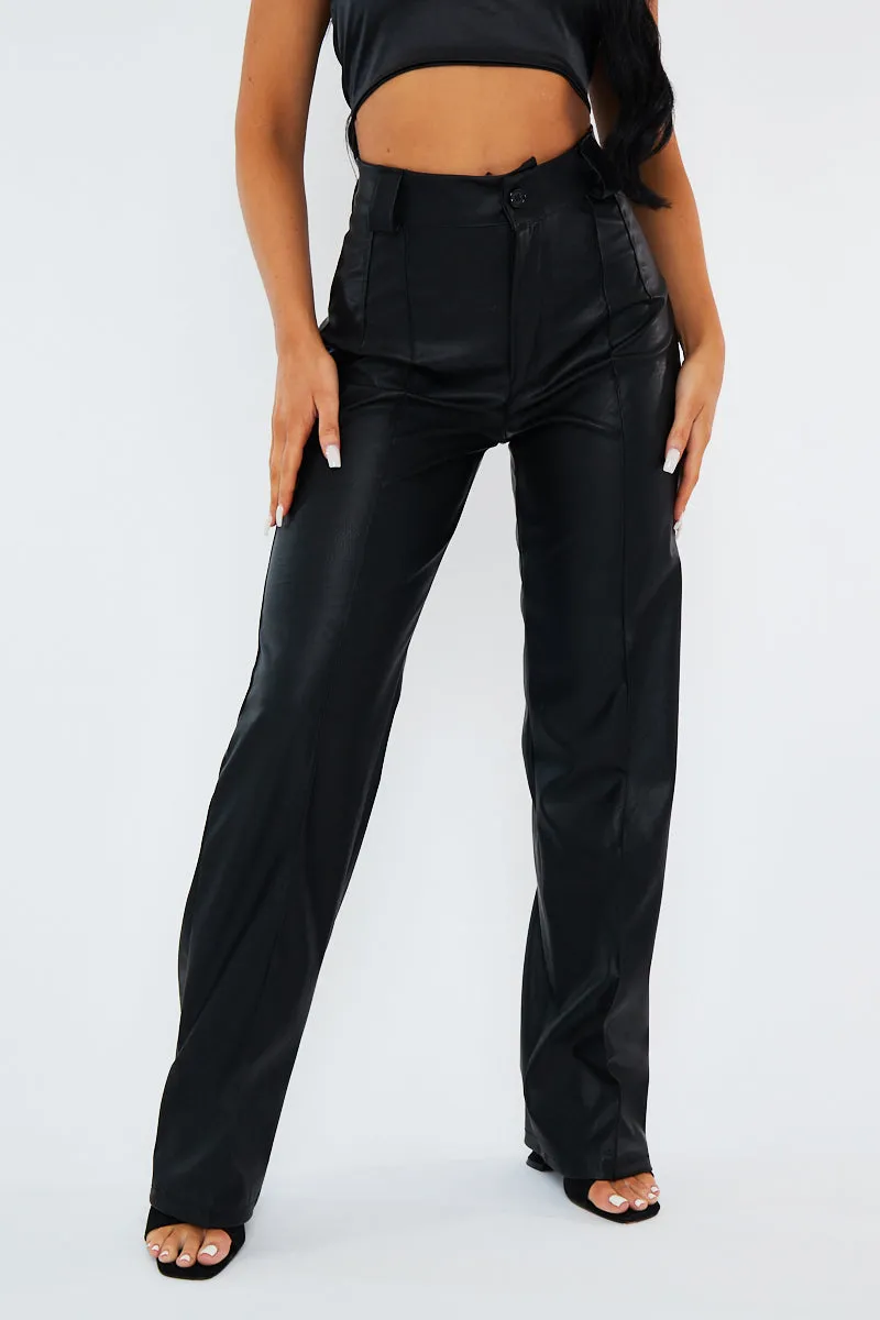 Black Pleated Straight Leg PU Leather Trousers - Jaymi