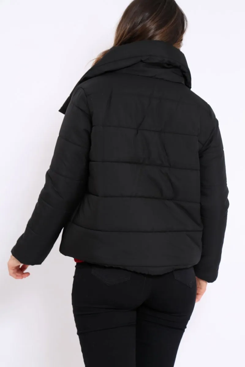 Black Puffer Jacket with Tie Front - Lolamae