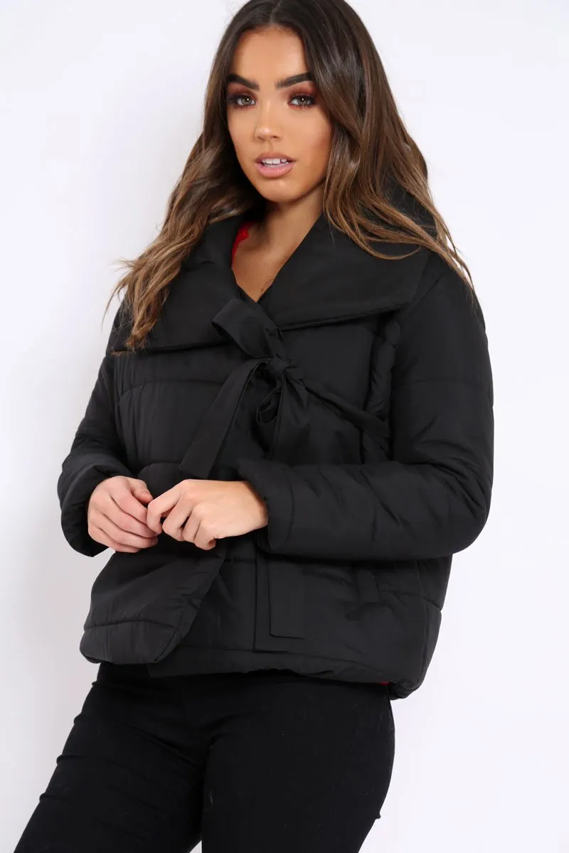 Black Puffer Jacket with Tie Front - Lolamae