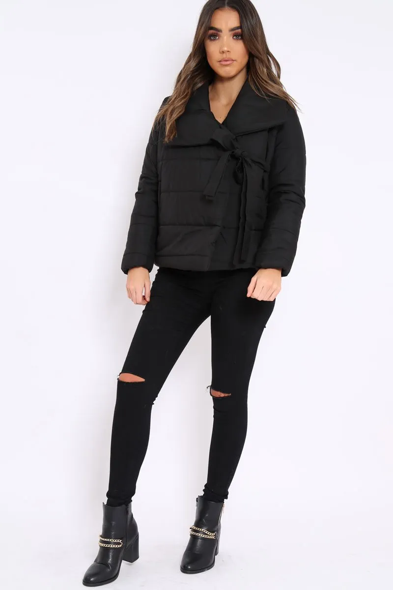 Black Puffer Jacket with Tie Front - Lolamae