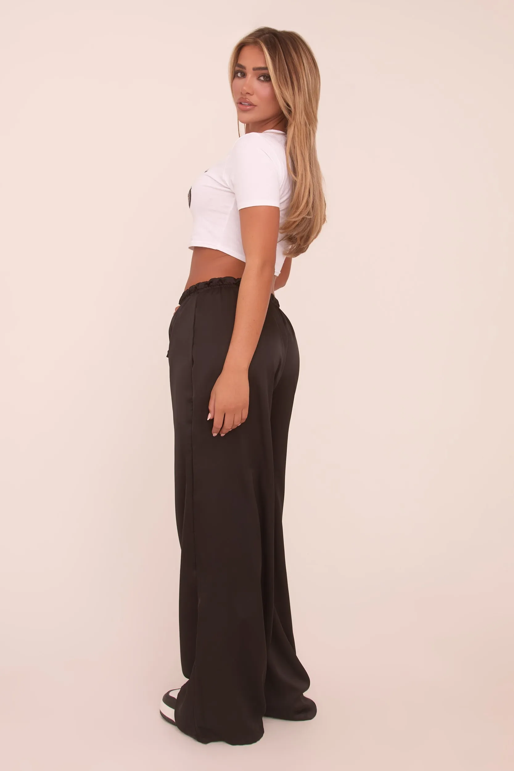 Black Satin Wide Leg Trouser - Bethel