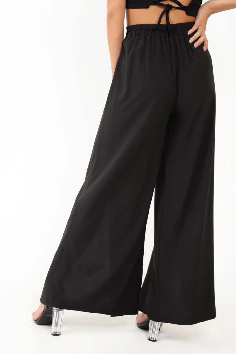 Black Wide Leg Belted Split Front Trousers - Aamira