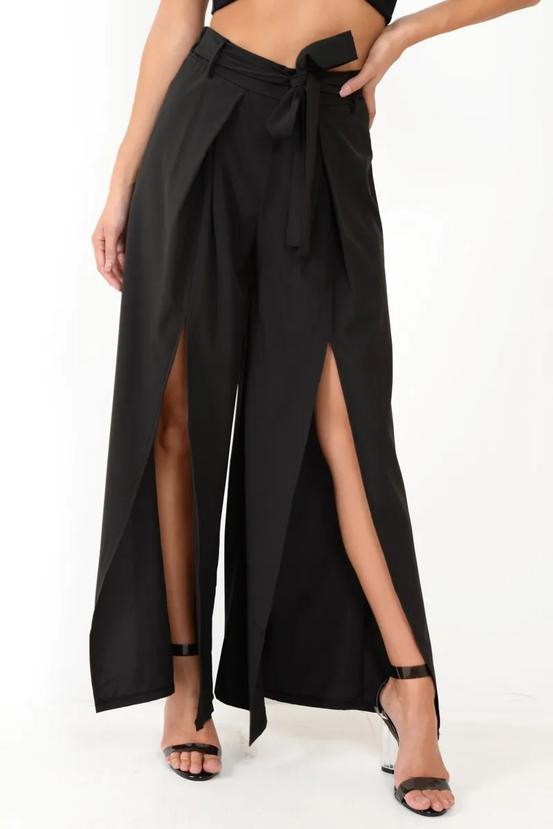 Black Wide Leg Belted Split Front Trousers - Aamira