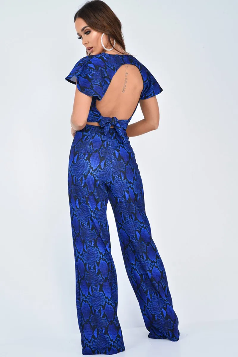 Blue Snake Print Tie Back Crop Top And Wide Leg Trouser Co-ord - Georgine