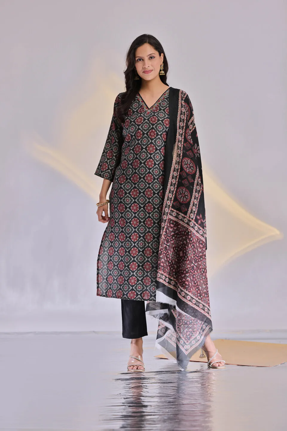 Chanderi Patola V-Neck  Suit Set