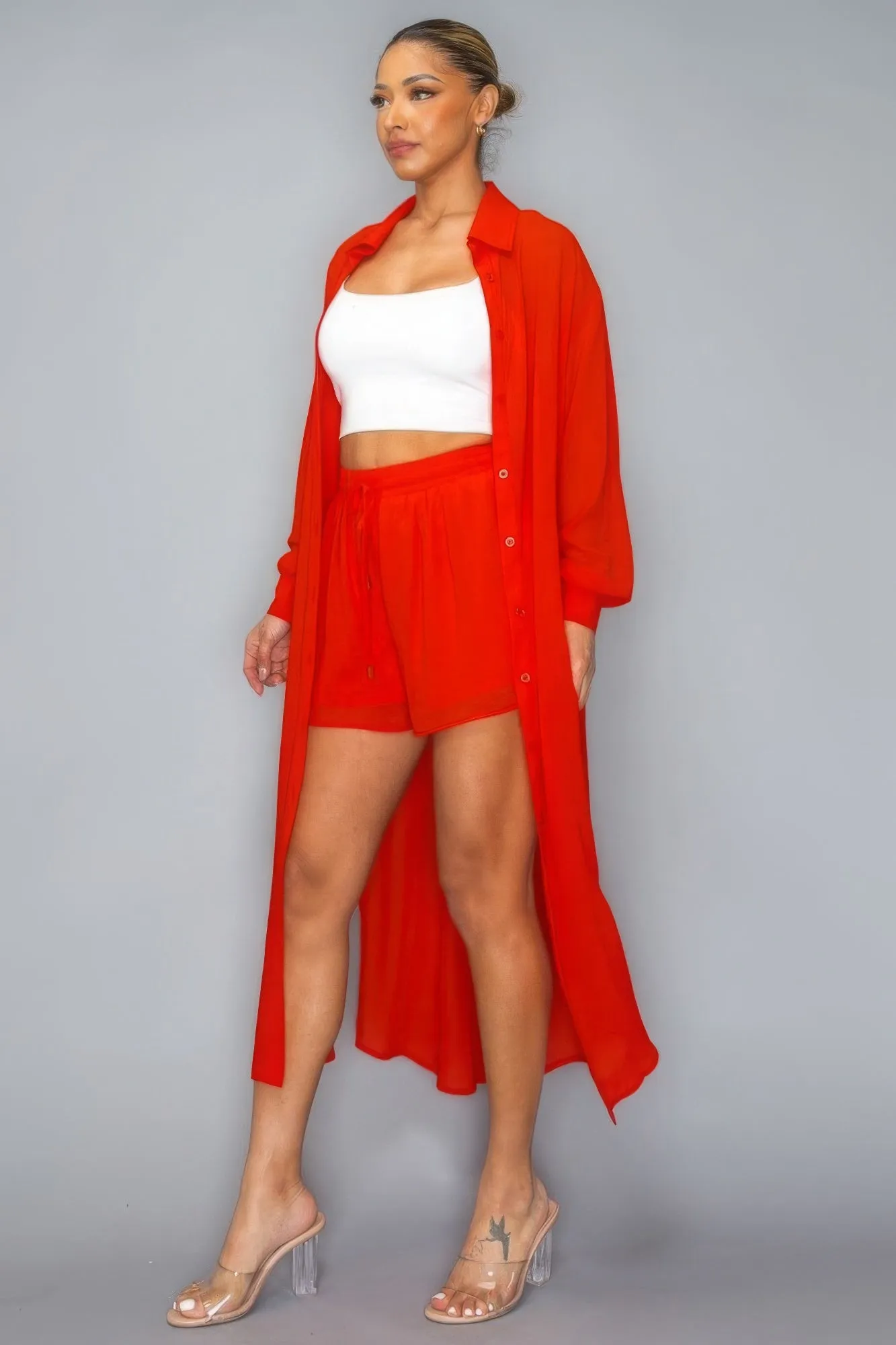 Chiffon Button Down Long Sleeve Side Slit Long Top Short Set