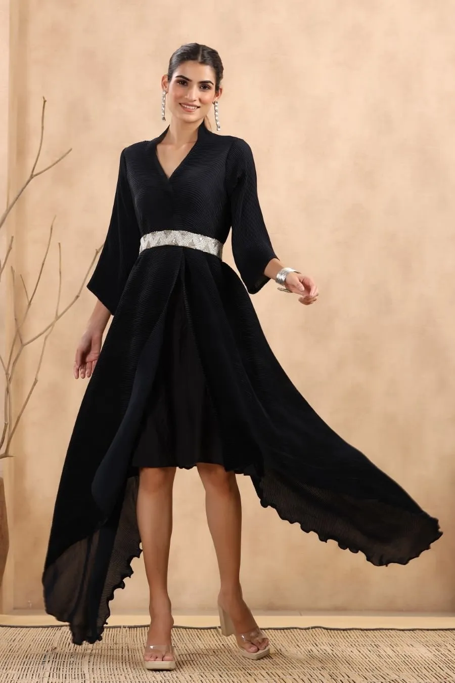 Deep Blue Pleated Asymmetrical Dress