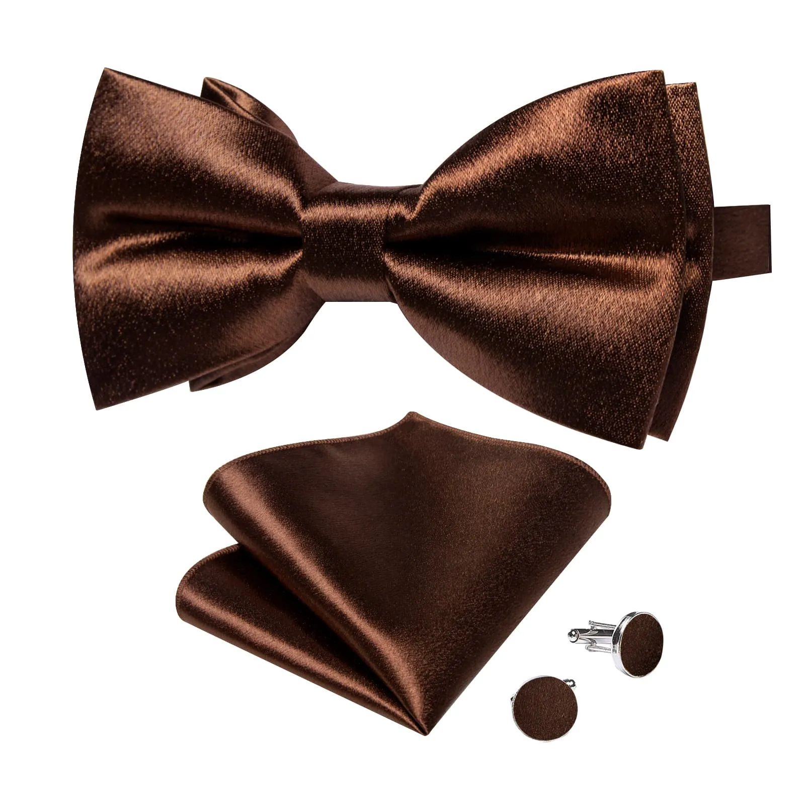 DiBanGu Silk Bow Tie Shining Chocolate Brown Solid Mens Pre-Tied Bowtie Handkerchief Cufflinks Set