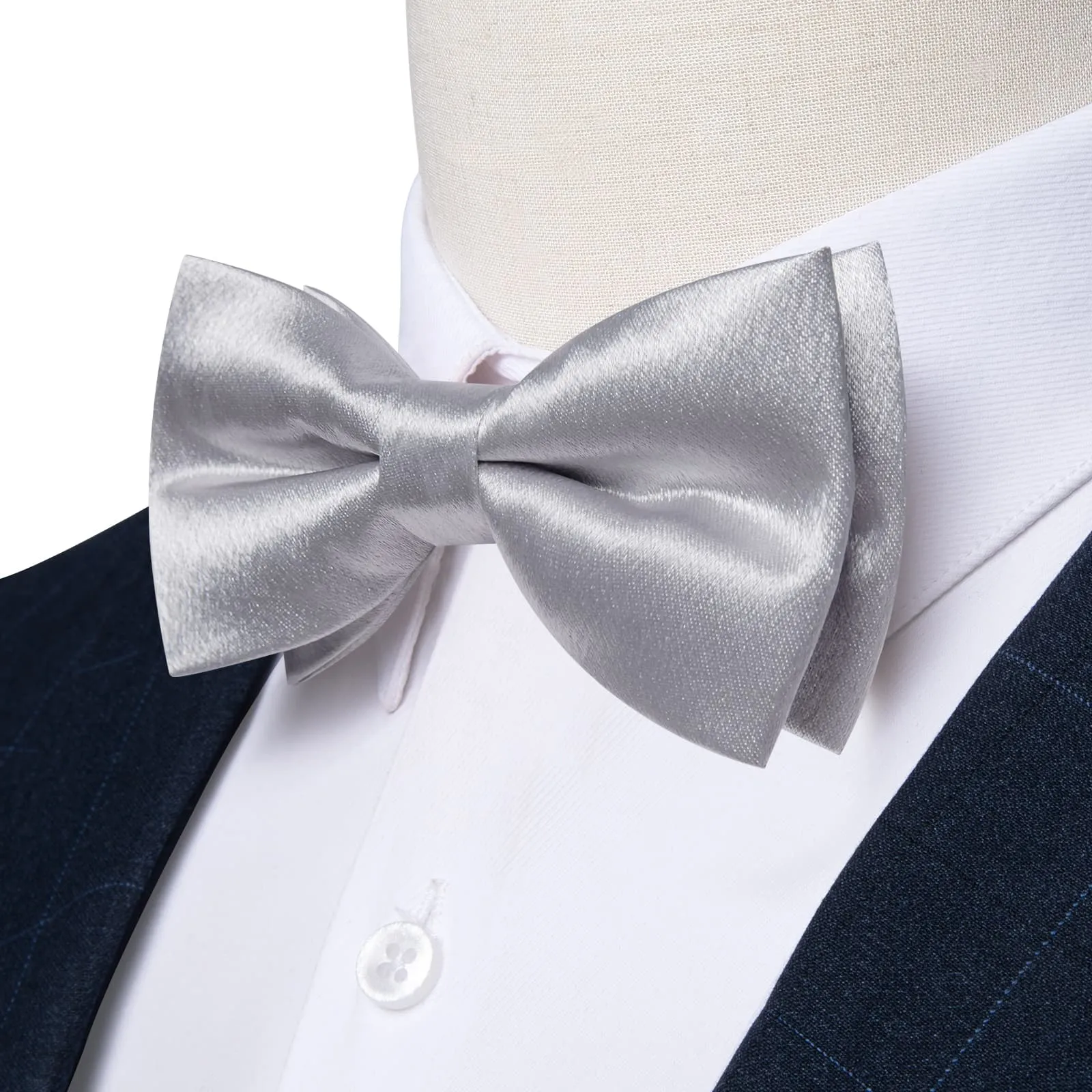 DiBanGu Silk Bow Tie Shining Cloud Grey Solid Mens Pre-Tied Bowtie Handkerchief Cufflinks Set