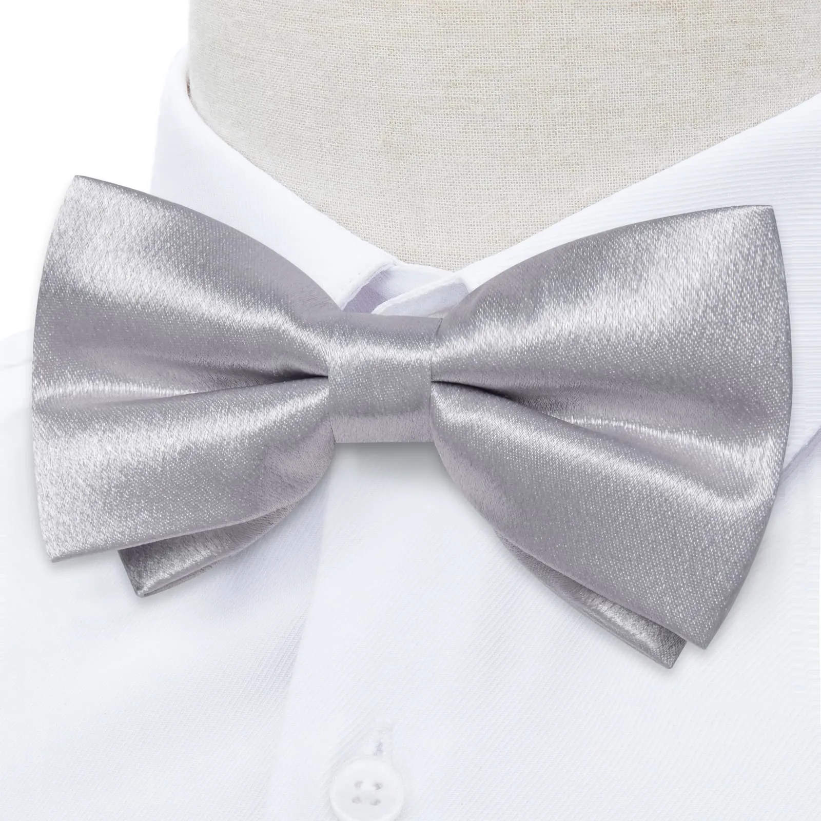 DiBanGu Silk Bow Tie Shining Cloud Grey Solid Mens Pre-Tied Bowtie Handkerchief Cufflinks Set