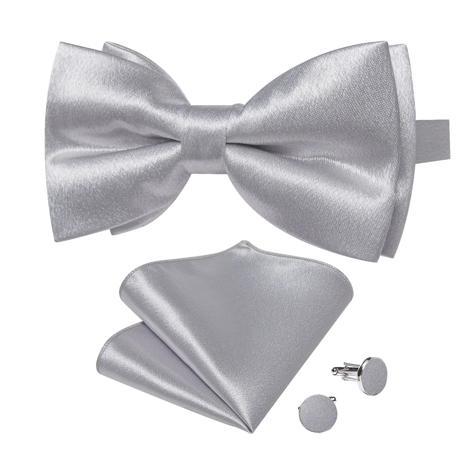 DiBanGu Silk Bow Tie Shining Cloud Grey Solid Mens Pre-Tied Bowtie Handkerchief Cufflinks Set