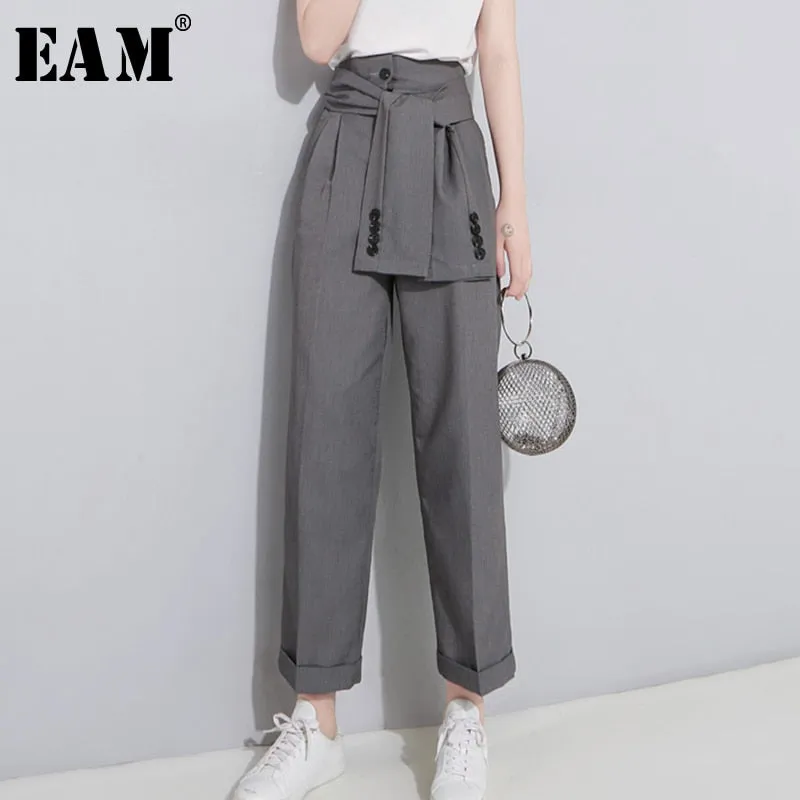 [EAM] 2020 Spring High Waist Lace Up Black Slim Temperament Tide Trend Fashion New Women's Wild Casual Wide Leg Pants LA462