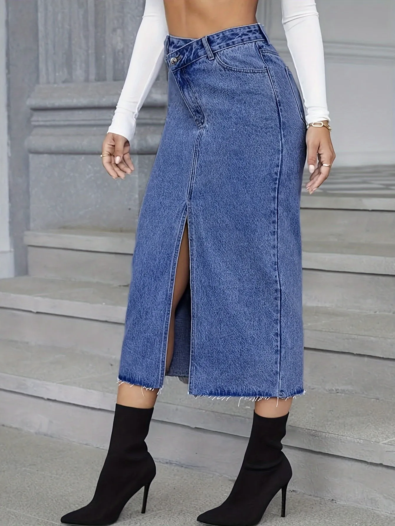 Elegant Asymmetrical Denim Skirt - Chic Bodycon, Solid & Non-Sheer, Easy-Care for Year-Round Style