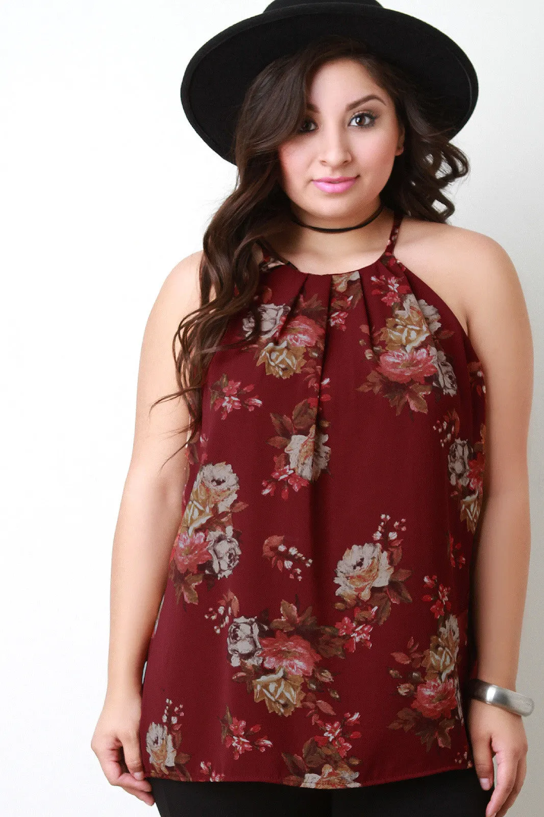 Floral Print Pleated Neckline Chiffon Top