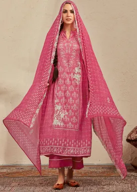 French Rose Pink Digital Printed Cotton Silk Suit With Parsi Embroidery work