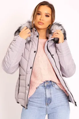 Grey Fur Trim Quilted Puffer Coat - Lania