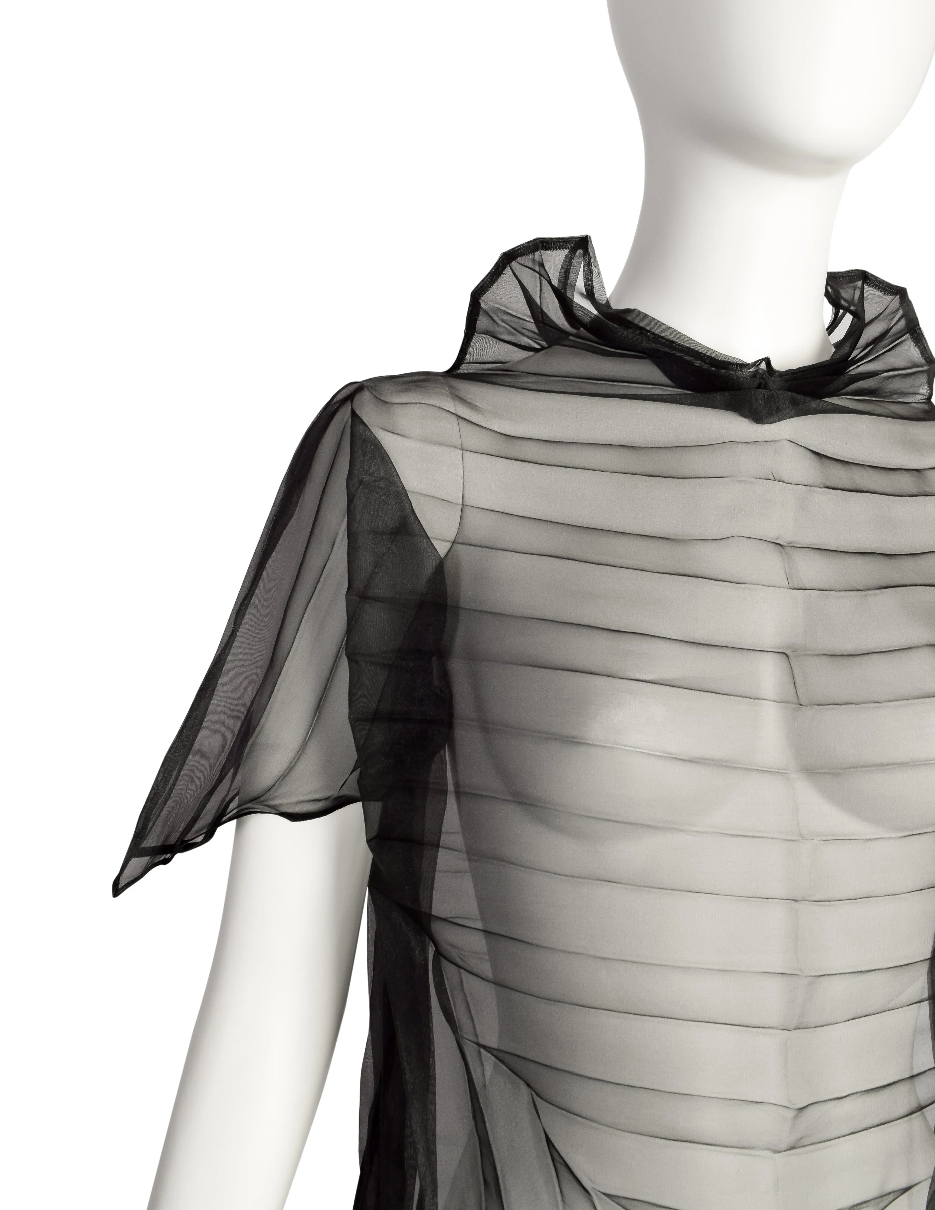 Issey Miyake Vintage Avant Garde Black Sheer Square Pleated Chiffon Origami Dress