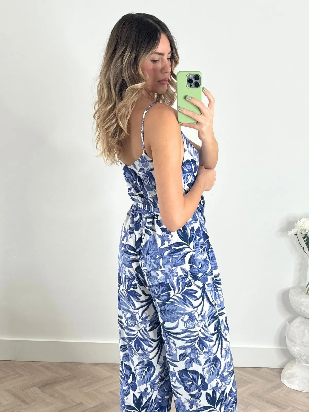 Nadia Strappy Wide Leg Jumpsuit in Blue Palm Print