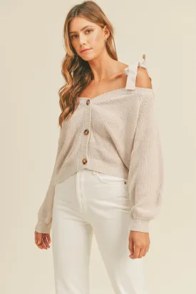 Off Shoulder Self Tie Strap Button Down Sweater