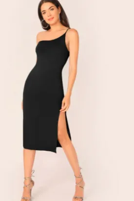 One Shoulder Midi Dress Black