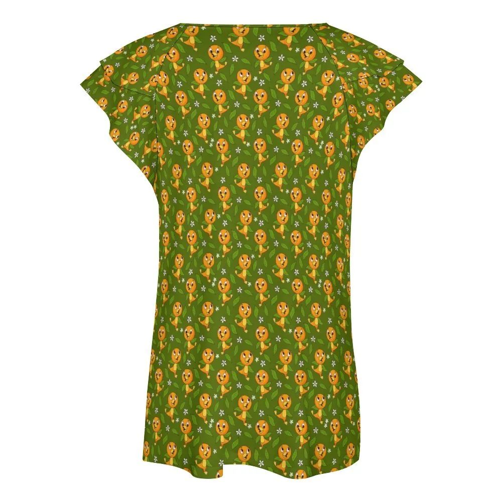 Orange Bird Women's Ruffle Sleeve V-Neck T-Shirt