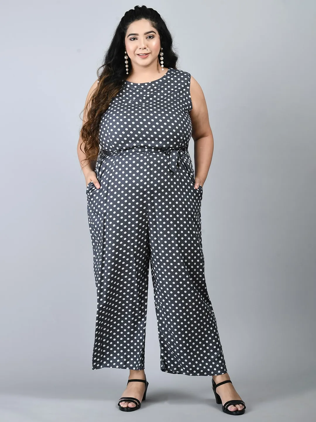 Plus Size Plus Size Polka Dot Grey Jumpsuit