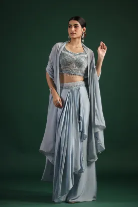 Powder Blue Embellished Draped Skirt Set