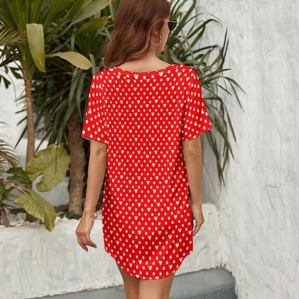 Red With White Mickey Polka Dots Dolman Short Sleeve T-Shirt