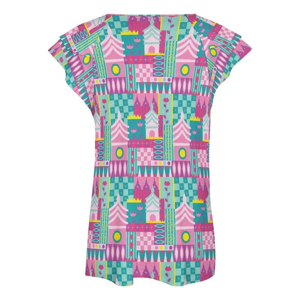 Small World Women's Ruffle Sleeve V-Neck T-Shirt