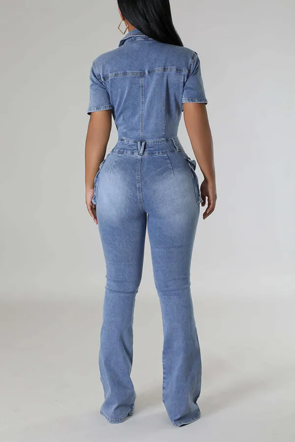 Stylish Denim Flap Pocket Jumpsuit