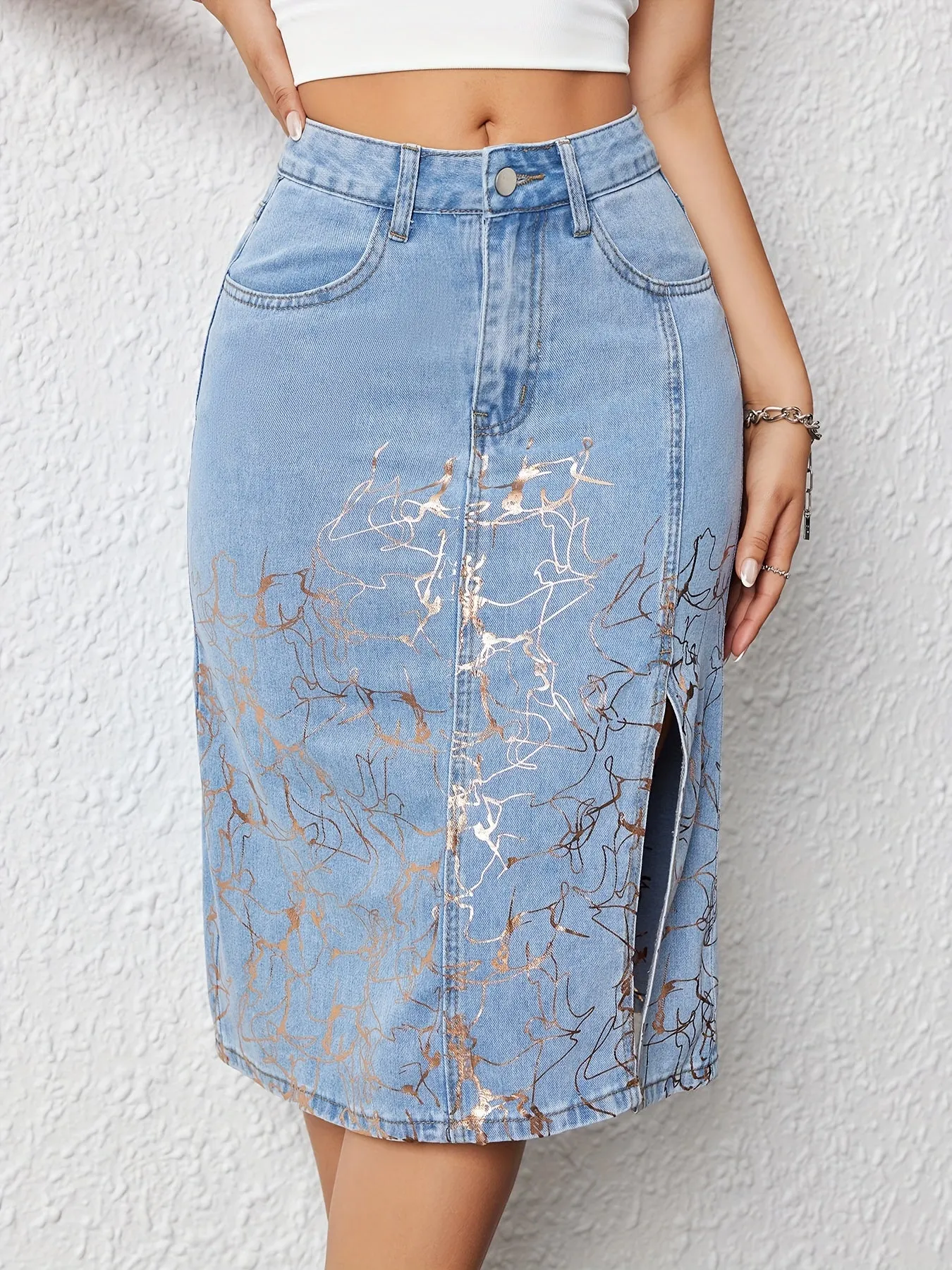 Stylish High-Waisted Midi Skirt - Women Denim Skirts - Golden Accent, Slimming, Elegant, Fashionable, Casual, Streetwear, Comfortable, Flattering, Versatile, and Perfect for Daily Wear