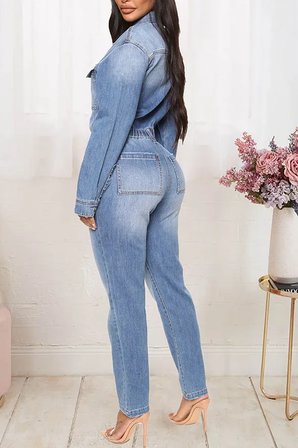 Stylish Lapel Pocket Denim Jumpsuit