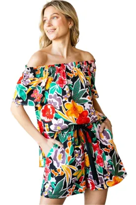 TEEK - Black Combo Cotton Bleu Floral Off-Shoulder Top