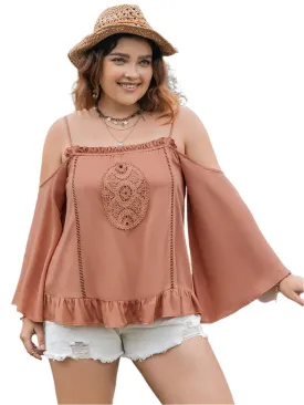 TEEK - Plus Size Caramel Square Neck Long Sleeve Blouse