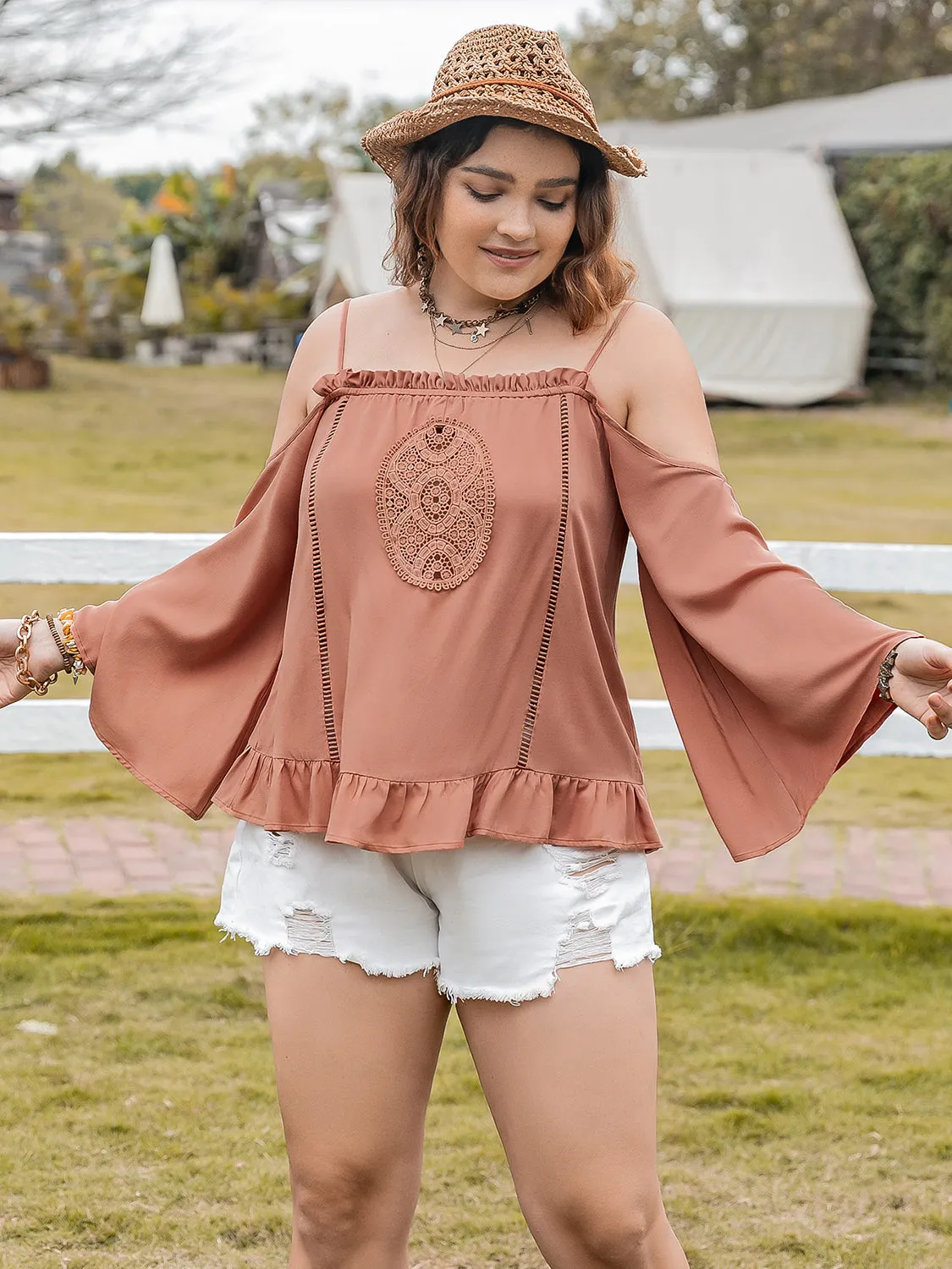 TEEK - Plus Size Caramel Square Neck Long Sleeve Blouse