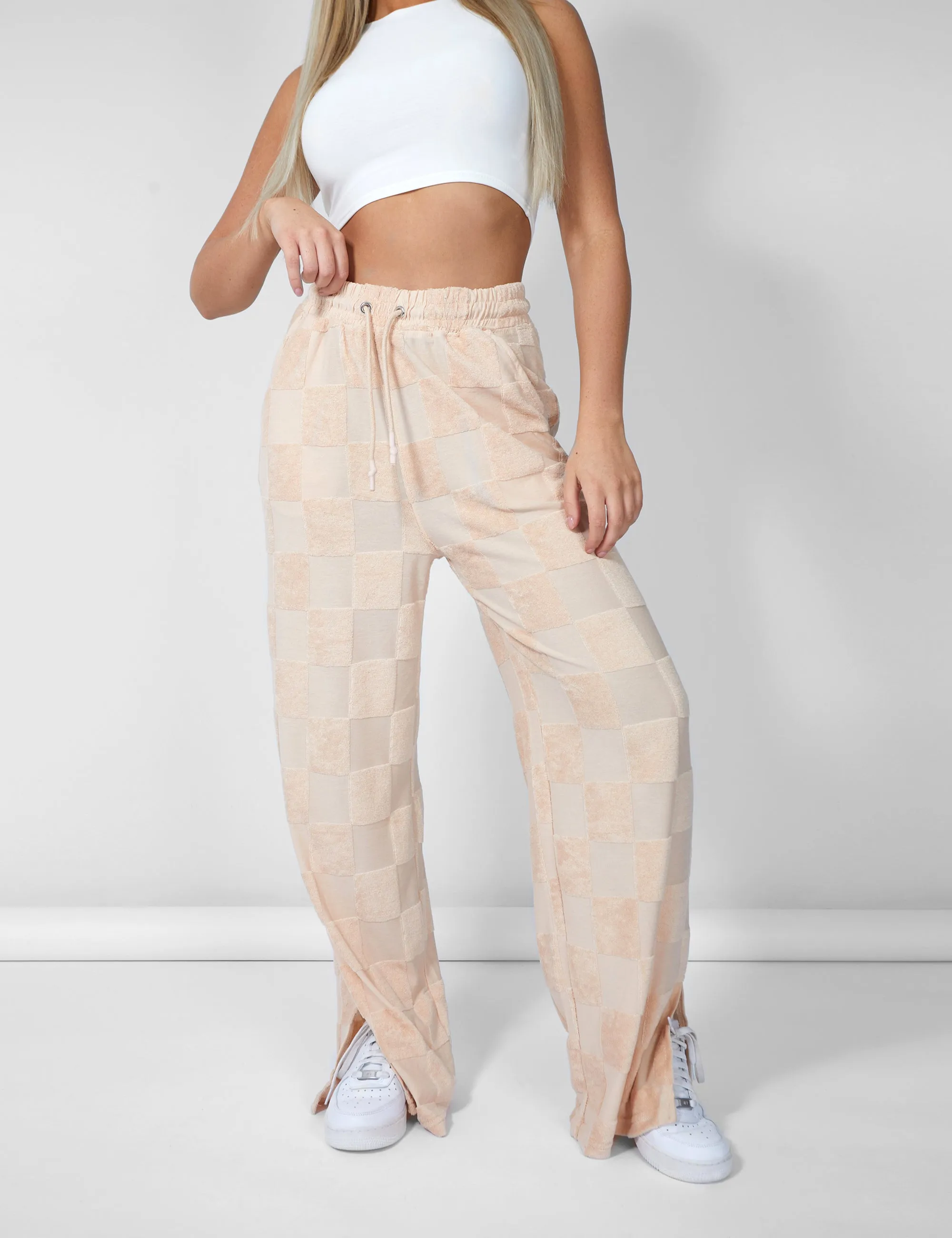 Wide Leg Split Hem Checkerboard Towelling Joggers Sand