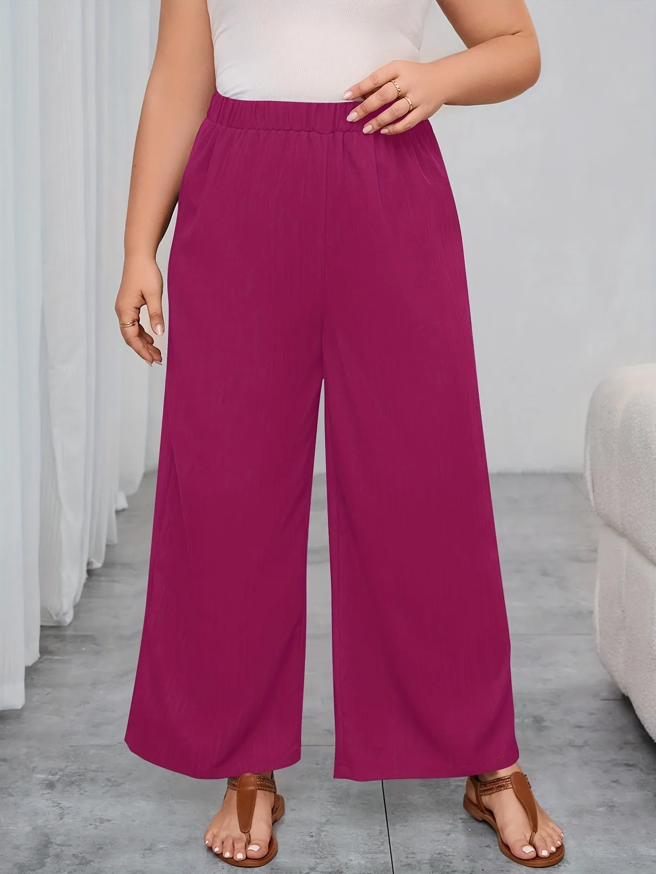 Women's Plus Solid Ribbed Elastic High Rise Wide Leg Trousers - Comfort and Sophistication Combined