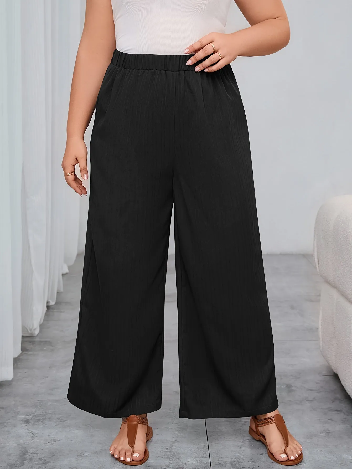 Women's Plus Solid Ribbed Elastic High Rise Wide Leg Trousers - Comfort and Sophistication Combined