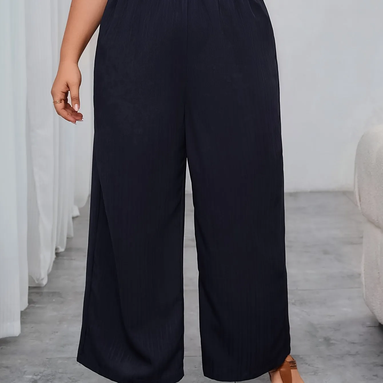 Women's Plus Solid Ribbed Elastic High Rise Wide Leg Trousers - Comfort and Sophistication Combined